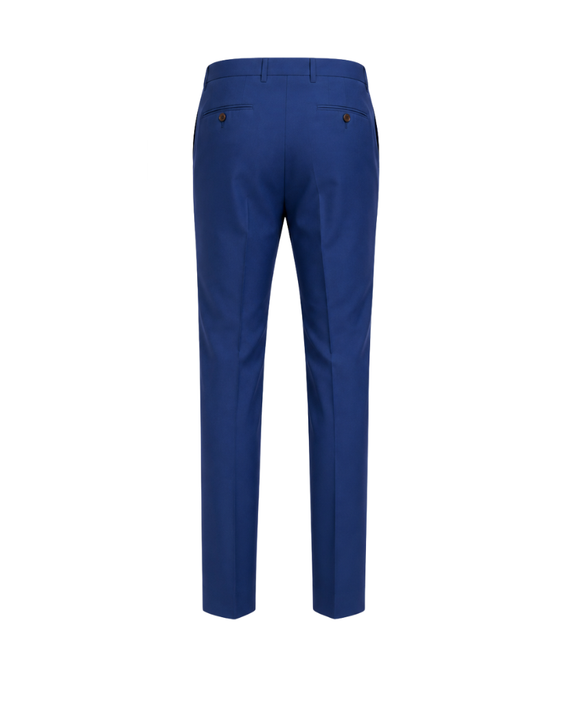 Loro Piana Blue 100% Wool Men’s Tapered Trousers shown from the back with a clean, tailored fit, featuring buttoned rear welt pockets and a smooth, refined finish in rich blue wool.