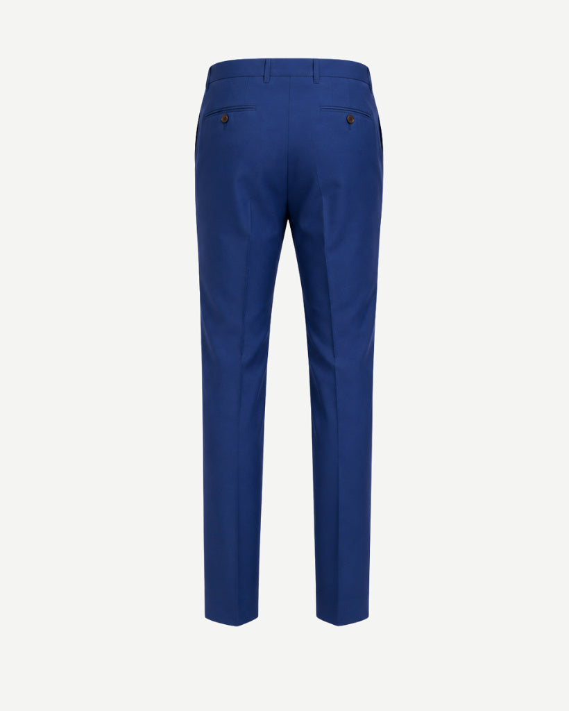 Loro Piana Blue 100% Wool Men’s Tapered Trousers shown from the back with a clean, tailored fit, featuring buttoned rear welt pockets and a smooth, refined finish in rich blue wool.