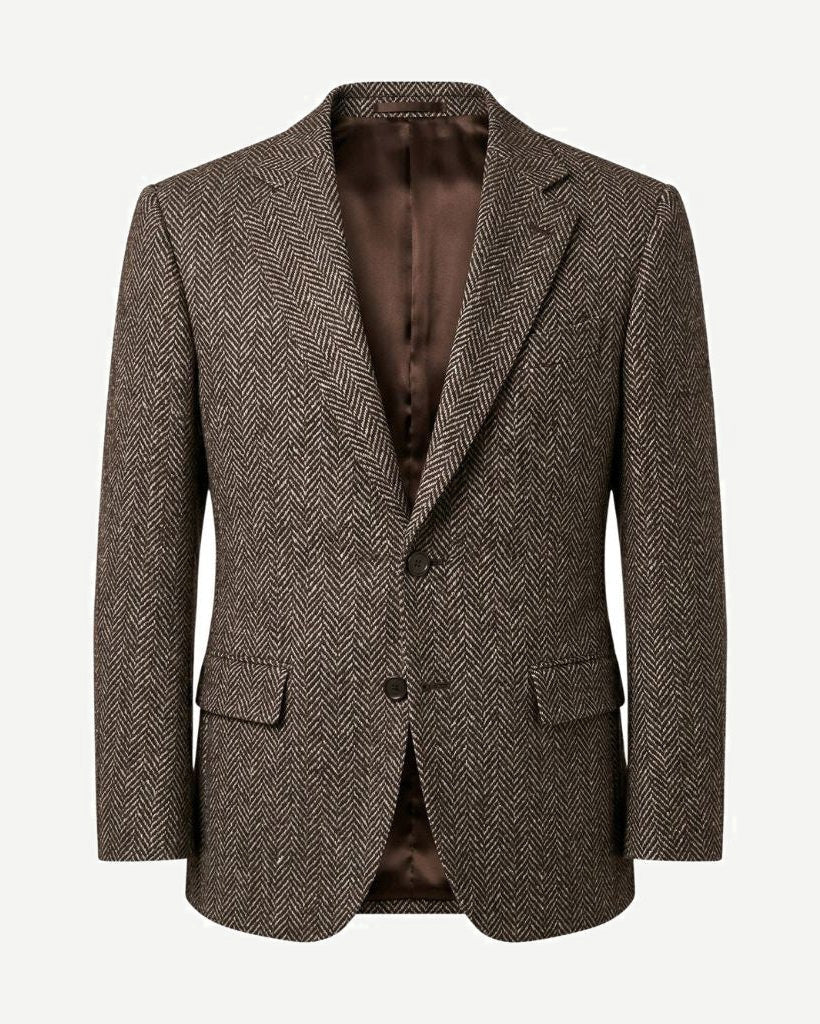 Loro Piana Brown Herringbone Wool Sportcoat in a classic herringbone pattern, featuring a tailored fit with notch lapels and a rich brown wool fabric for refined men's suiting.