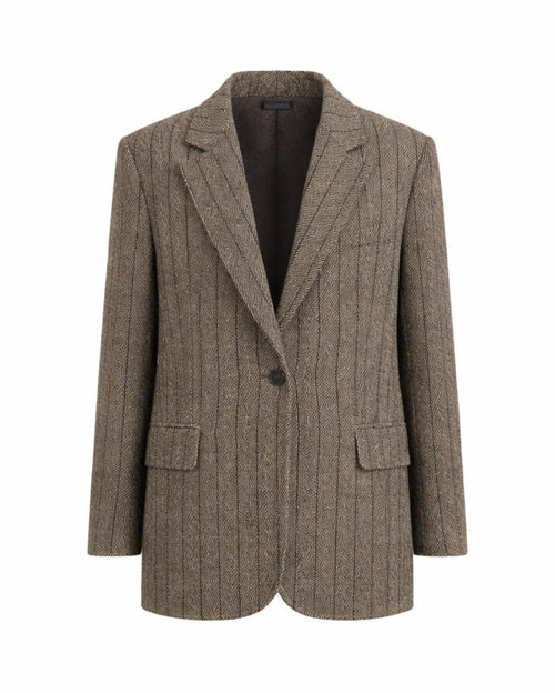 Front view of the Loro Piana Brown Stripe Wool Silk Linen Blazer, featuring a single-button closure, sharp lapels, and a subtle vertical stripe pattern in a warm brown fabric blend.