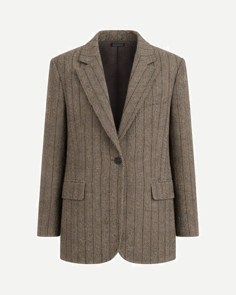 Front view of the Loro Piana Brown Stripe Wool Silk Linen Blazer, featuring a single-button closure, sharp lapels, and a subtle vertical stripe pattern in a warm brown fabric blend.