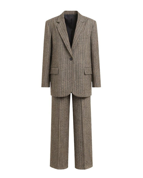 Loro Piana Brown Stripe Wool Silk Linen Suit featuring a relaxed tailored fit with subtle vertical stripes and a sophisticated blend of wool, silk, and linen for luxurious mens suiting.