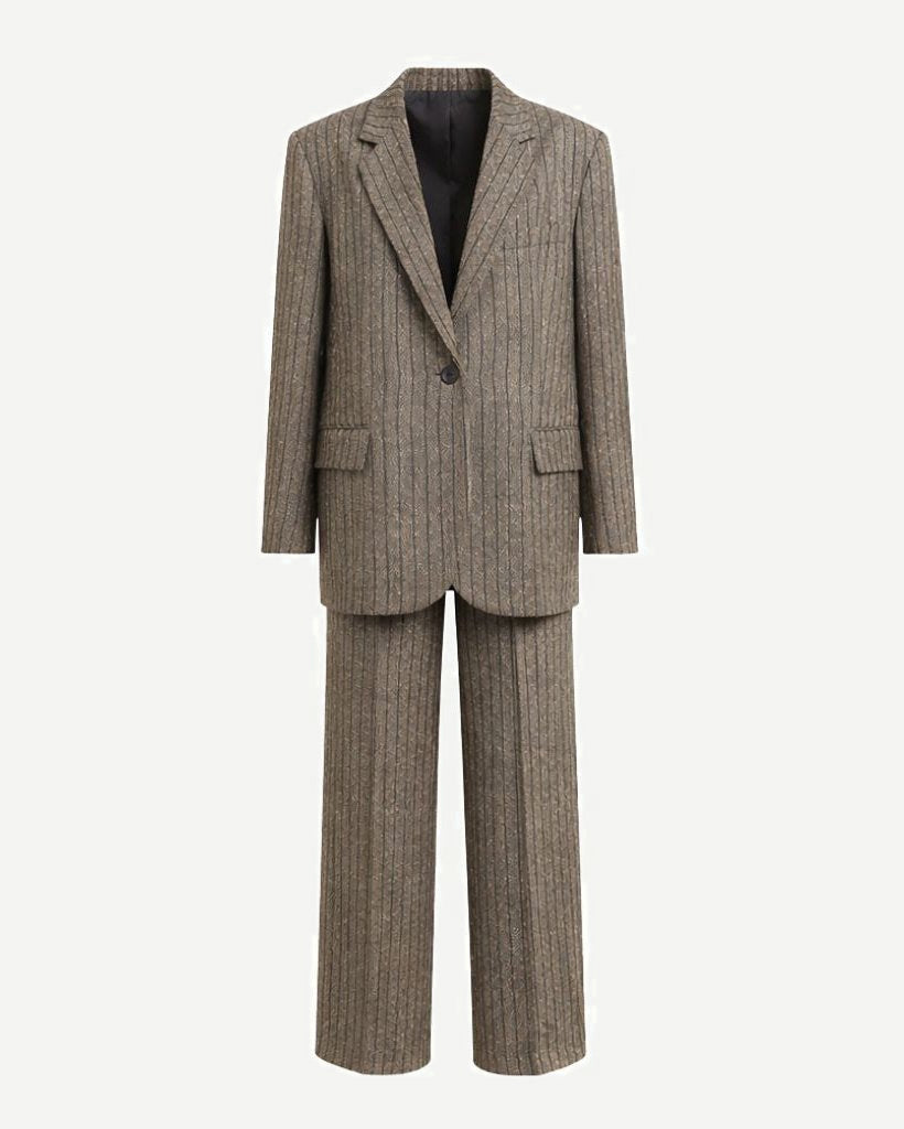 Loro Piana Brown Stripe Wool Silk Linen Suit featuring a relaxed tailored fit with subtle vertical stripes and a sophisticated blend of wool, silk, and linen for luxurious mens suiting.