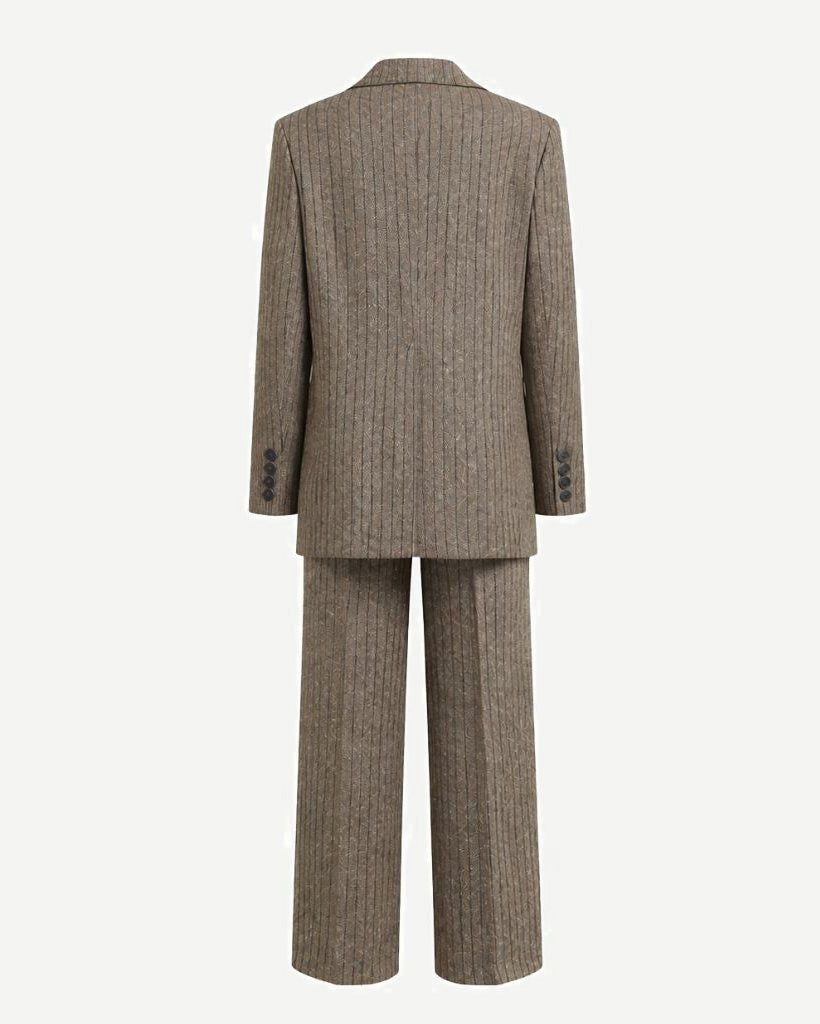 Back view of the Loro Piana Brown Stripe Wool Silk Linen Suit, featuring a relaxed silhouette with subtle vertical stripes in a soft brown blend of wool, silk, and linen fabrics.