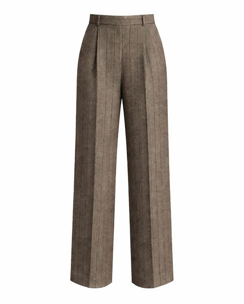 Front view of Loro Piana Brown Stripe Wool Silk Linen Trousers showcasing wide-leg silhouette with subtle brown vertical stripes in a luxurious wool, silk, and linen blend fabric.