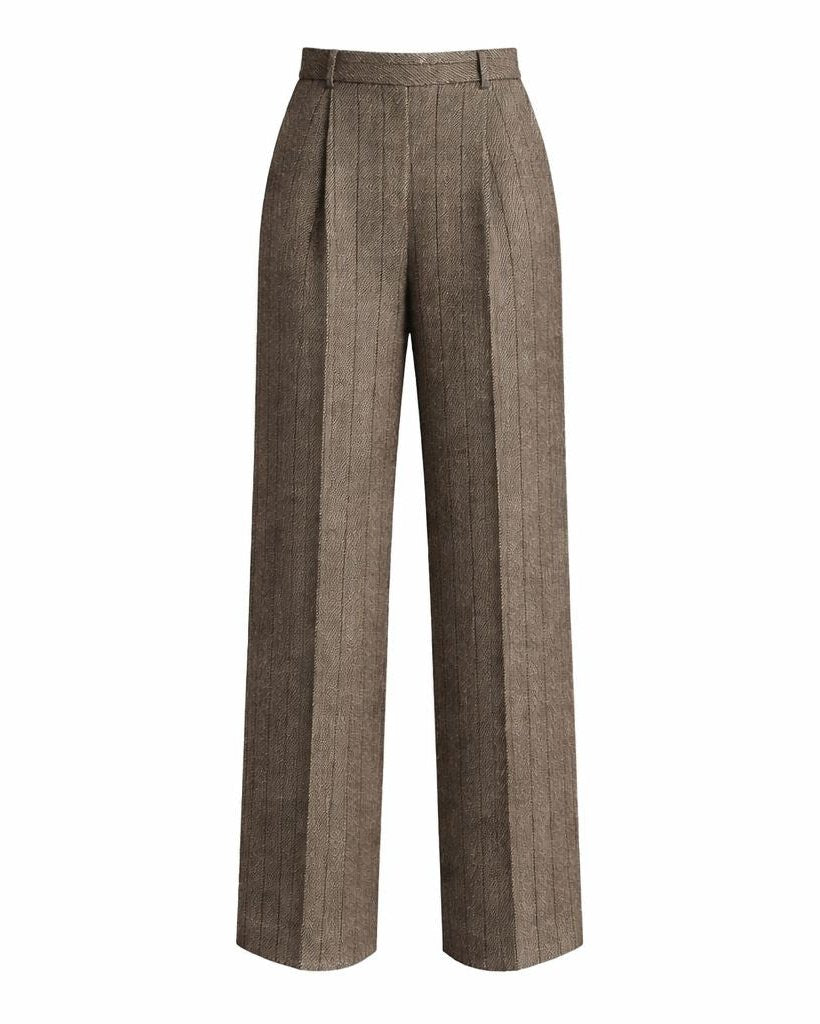 Front view of Loro Piana Brown Stripe Wool Silk Linen Trousers showcasing wide-leg silhouette with subtle brown vertical stripes in a luxurious wool, silk, and linen blend fabric.