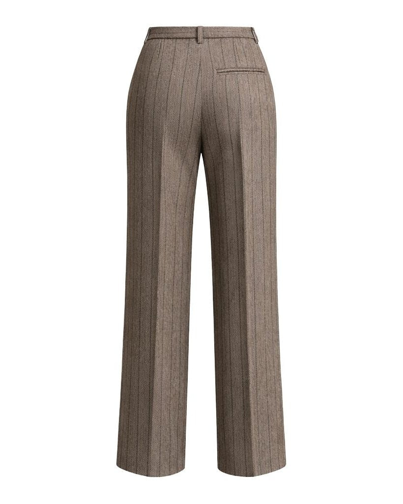 Rear view of Loro Piana Brown Stripe Wool Silk Linen Trousers featuring a tailored wide-leg cut with subtle vertical stripes in a refined blend of wool, silk, and linen fabric.