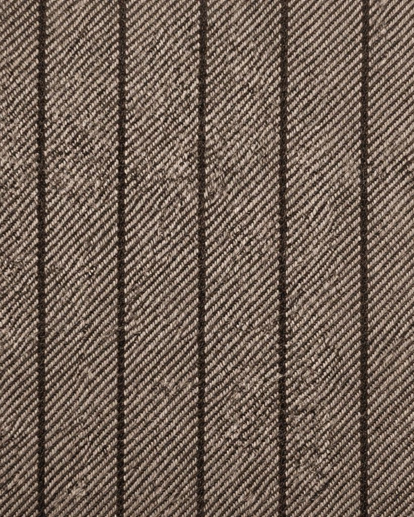 Close-up texture of Loro Piana Brown Stripe Wool Silk Linen Trousers fabric, highlighting the fine vertical brown stripes and luxurious blend of wool, silk, and linen fibers.