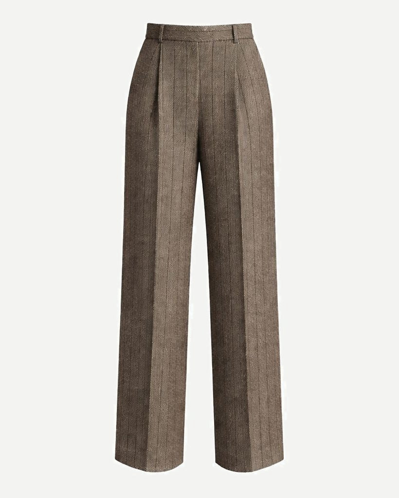Front view of Loro Piana Brown Stripe Wool Silk Linen Trousers showcasing wide-leg silhouette with subtle brown vertical stripes in a luxurious wool, silk, and linen blend fabric.