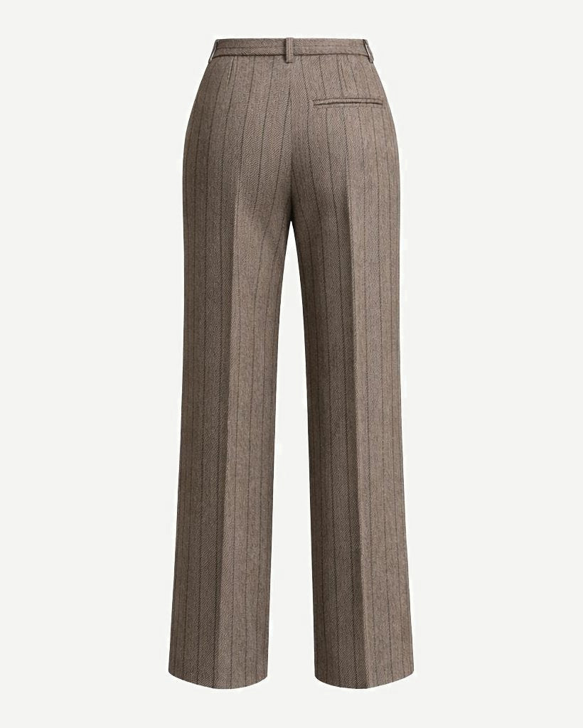 Rear view of Loro Piana Brown Stripe Wool Silk Linen Trousers featuring a tailored wide-leg cut with subtle vertical stripes in a refined blend of wool, silk, and linen fabric.