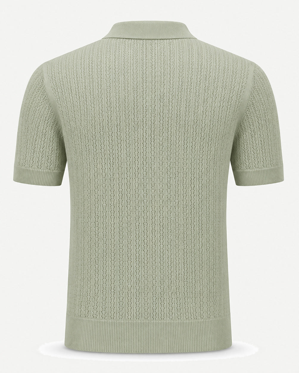 Loro Piana Cashmere Silk Linen Polo Shirt in a soft sage green with an intricate openwork knit pattern, short sleeves, a classic collar, and finely ribbed hem and cuffs for elegant summer leisurewear.