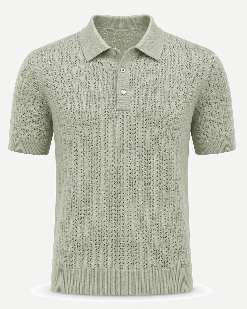 Loro Piana Cashmere Silk Linen Polo Shirt in a muted sage tone, featuring a lightweight openwork knit pattern, short sleeves, and a classic three-button placket for sophisticated summer leisurewear.