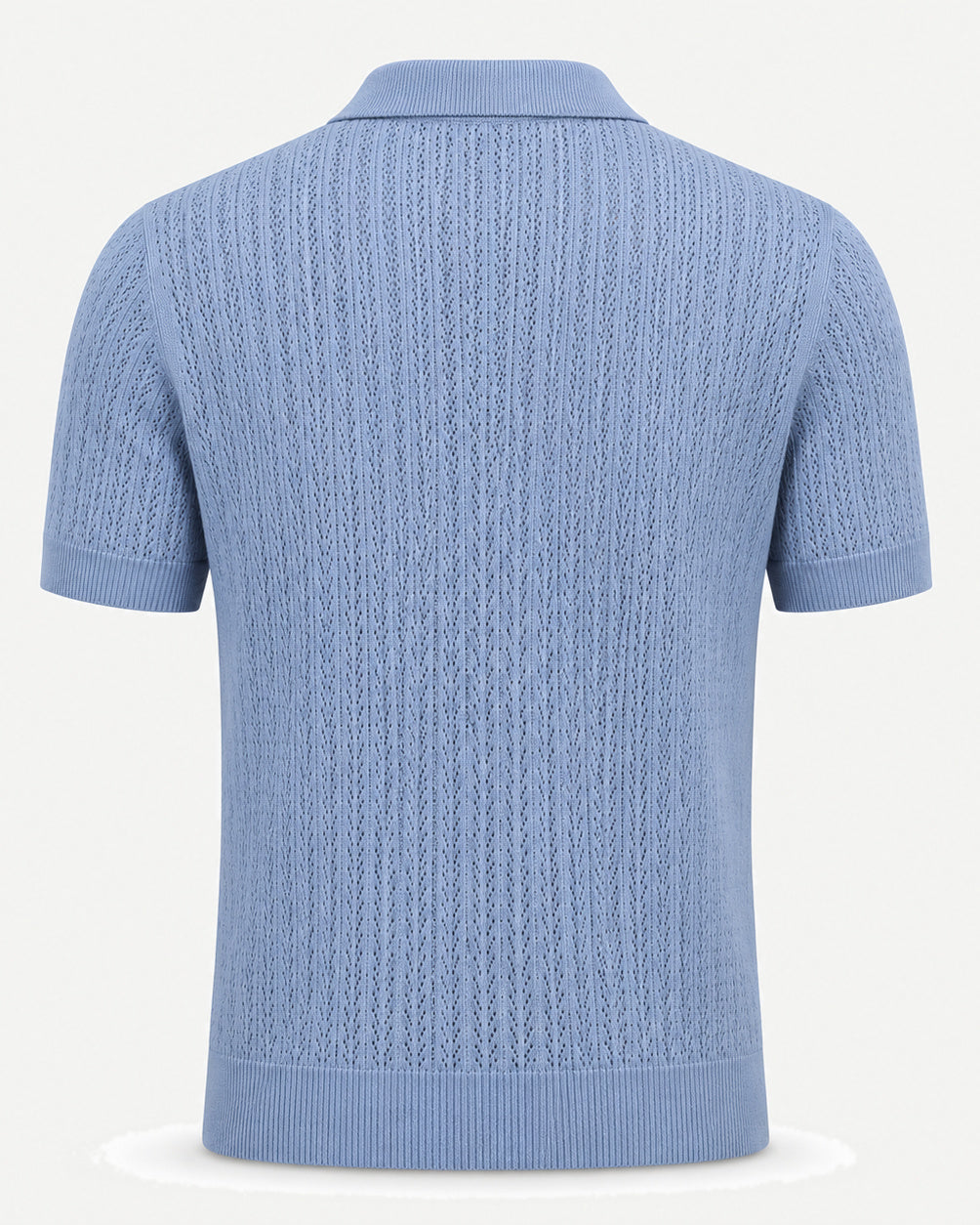 Loro Piana Cashmere Silk Linen Polo Shirt in a soft powder blue, featuring a lightweight openwork knit texture, short sleeves, ribbed cuffs, and a classic collar for sophisticated leisurewear.