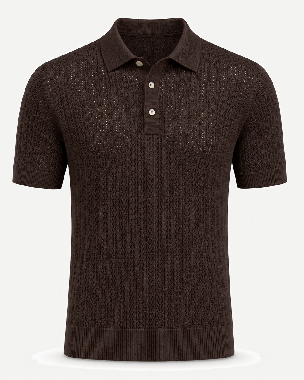 Loro Piana Cashmere Silk Linen Polo Shirt in rich dark brown, showcasing a breathable open-knit pattern, short sleeves, a classic collar, and a refined three-button placket for elegant summer leisurewear.