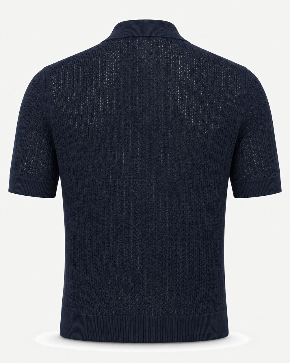 Loro Piana Cashmere Silk Linen Polo Shirt in navy, featuring a breathable openwork knit pattern, short sleeves, a classic collar, and finely ribbed hem and cuffs for luxurious summer leisurewear.