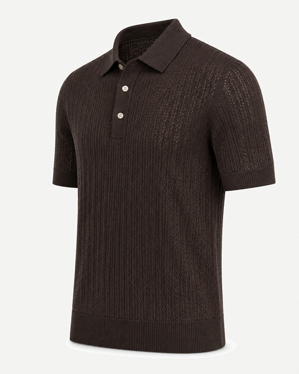 Loro Piana Cashmere Silk Linen Polo Shirt in a rich dark brown featuring a finely textured open-knit pattern, short sleeves, classic collar, and a sophisticated three-button placket.