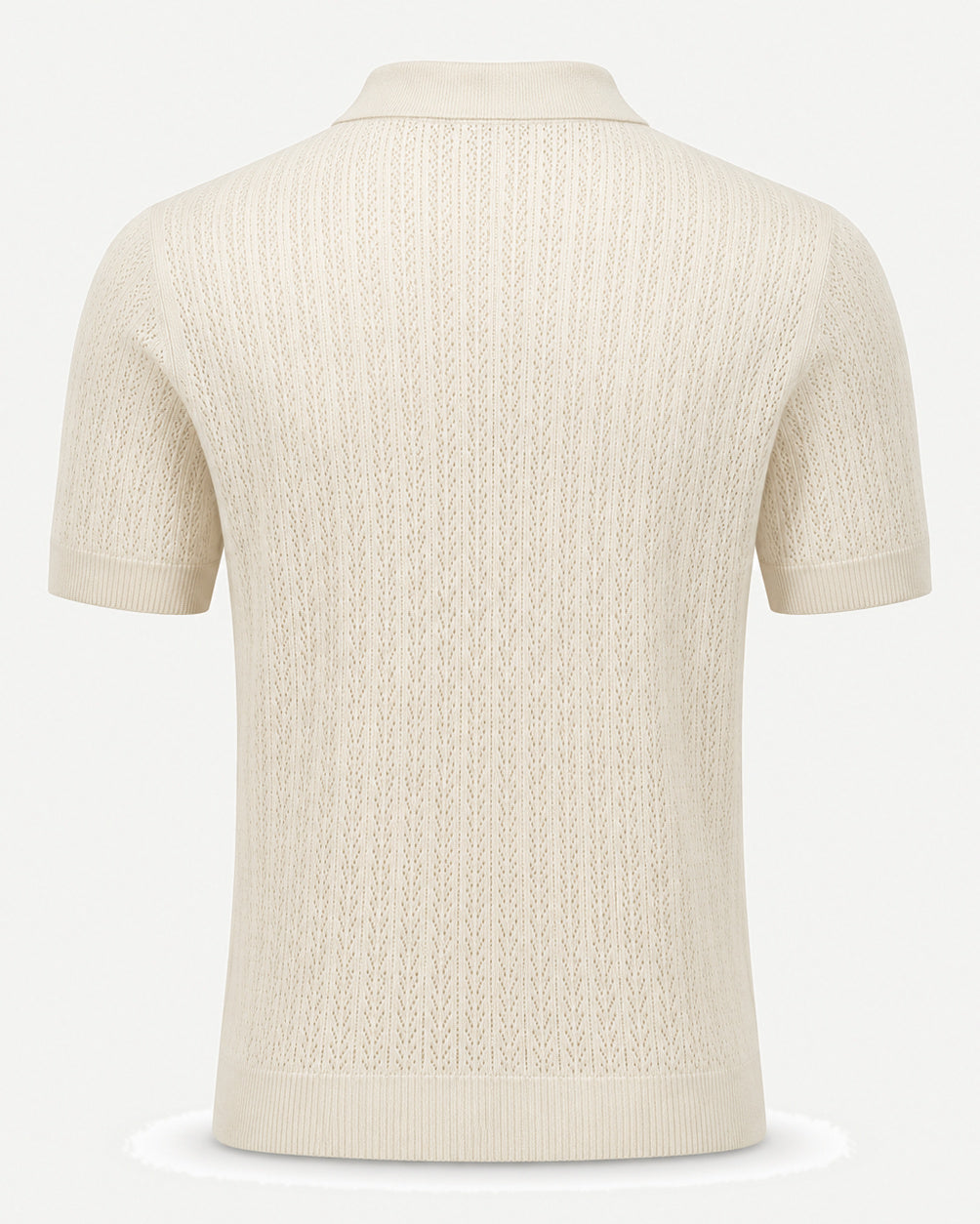 Loro Piana Cashmere Silk Linen Polo Shirt in a soft cream shade, featuring a finely detailed openwork knit back, short sleeves, and a ribbed hem and cuffs for refined leisurewear.