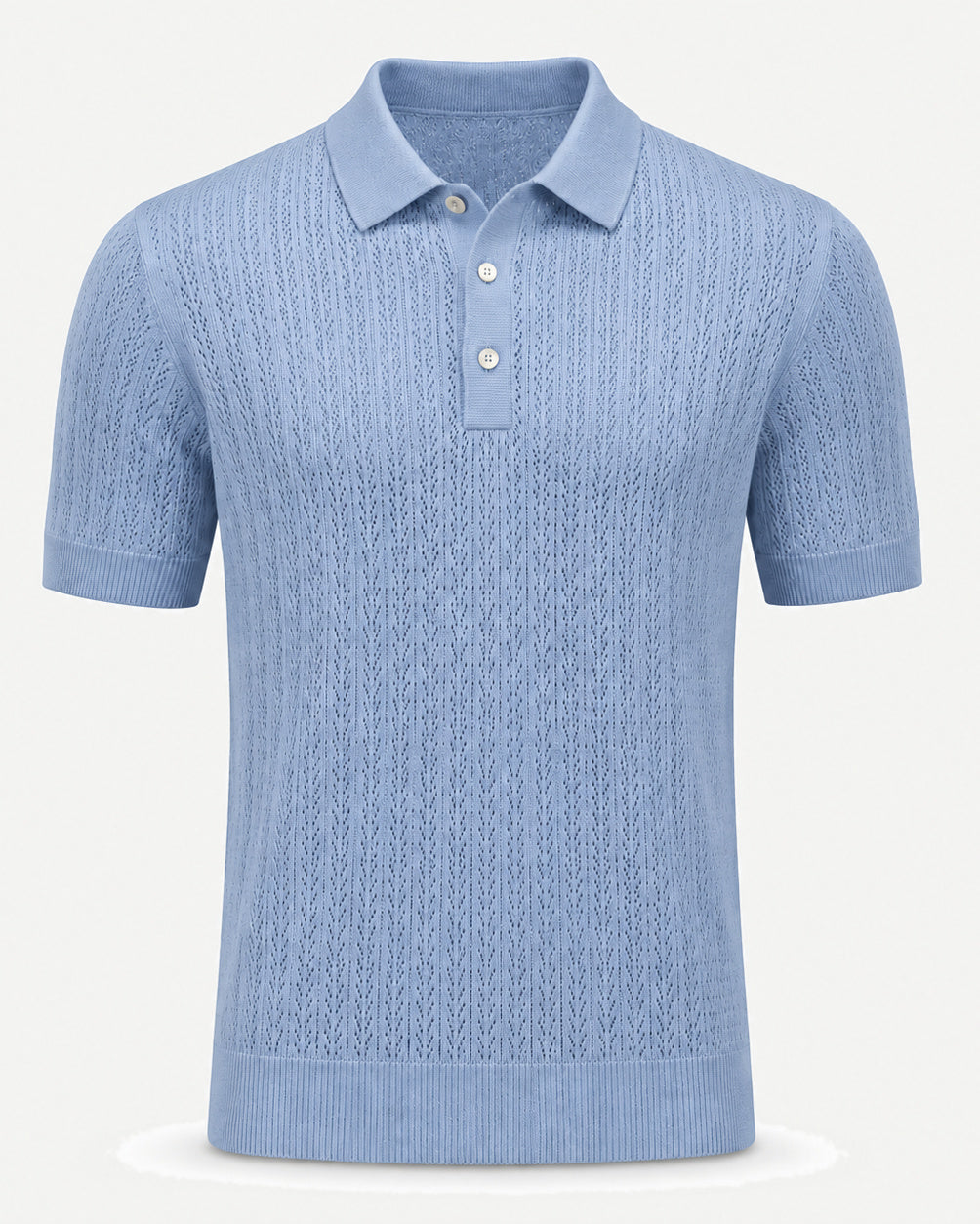 Loro Piana Cashmere Silk Linen Polo Shirt in a soft powder blue featuring a delicate openwork knit pattern, short sleeves, a classic collar, and a refined three-button placket for elegant leisure dressing.