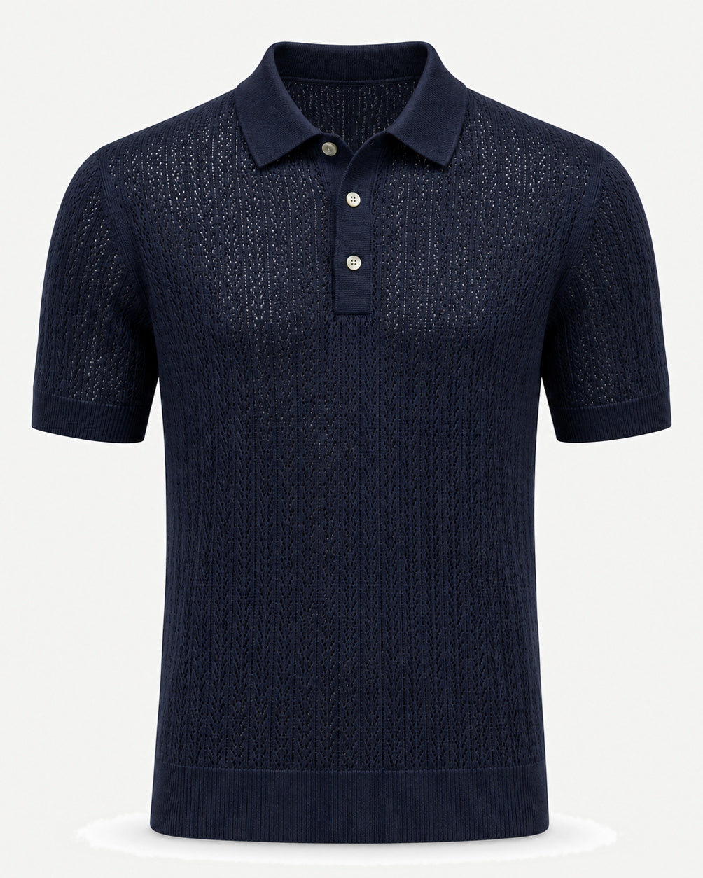 Loro Piana Cashmere Silk Linen Polo Shirt in a deep navy, featuring a lightweight openwork pattern, short sleeves, a classic collar, and a three-button placket for elevated summer leisurewear.