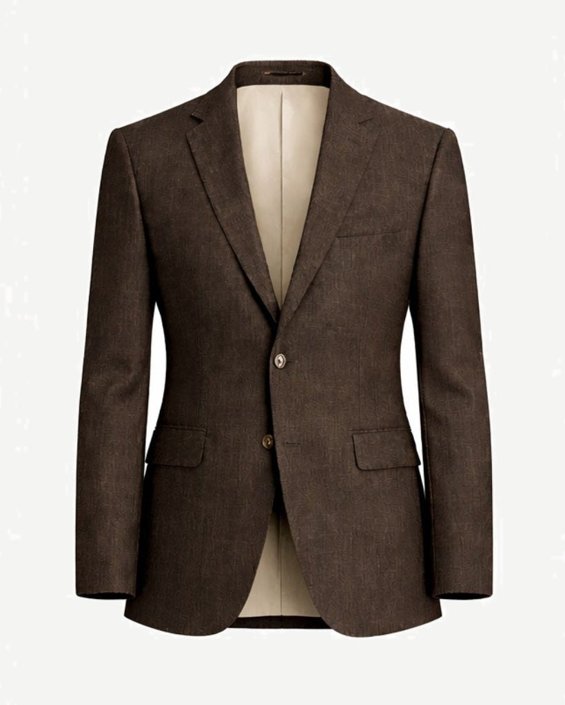 Loro Piana Chocolate Brown Wool Silk Blazer featuring a tailored silhouette with notch lapels, two-button closure, and flap pockets crafted from luxurious wool and silk blend fabric.