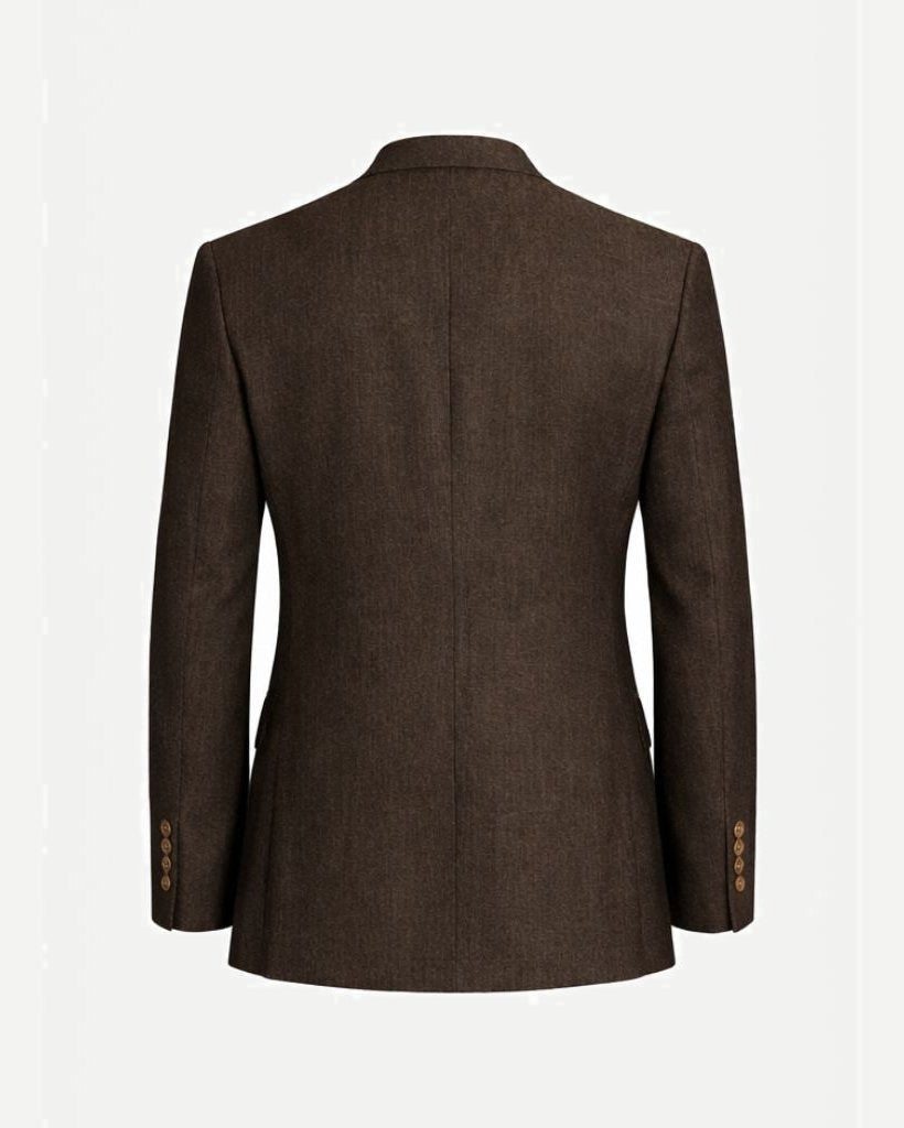 Back view of the Loro Piana Chocolate Brown Wool Silk Blazer showcasing its sleek tailored fit, smooth wool-silk fabric, and elegant button detailing on the sleeves.