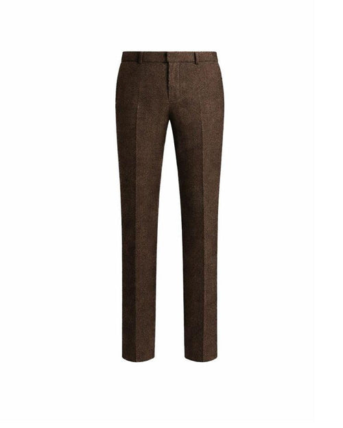 Loro Piana Chocolate Brown Wool Silk Trousers displayed with a slim tailored cut, featuring a smooth blend of luxurious wool and silk fabric for refined formalwear.