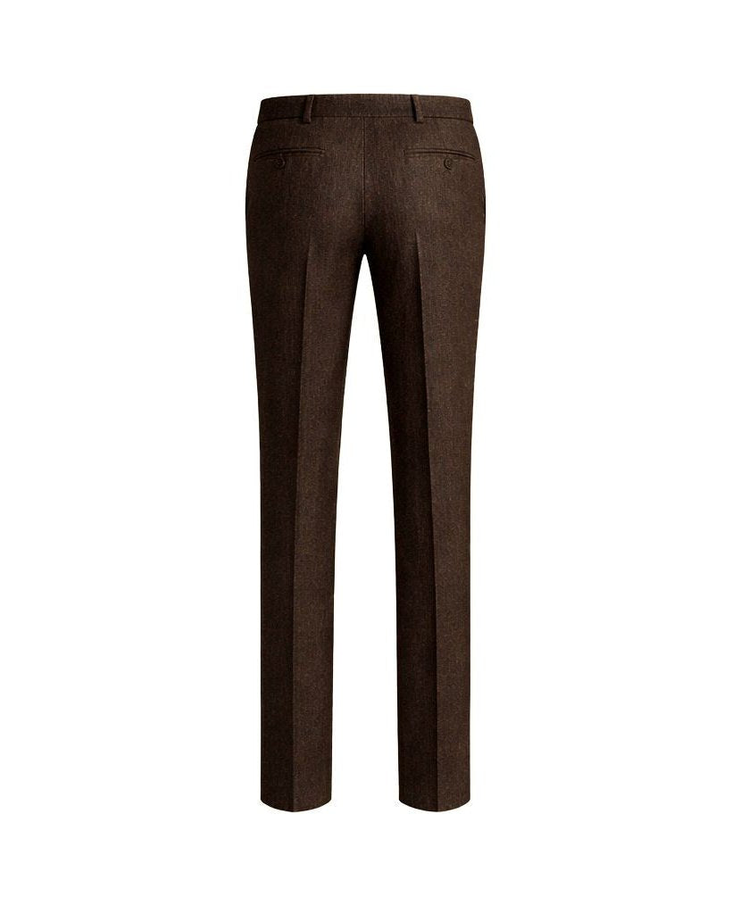 Back view of Loro Piana Chocolate Brown Wool Silk Trousers showcasing a slim, tailored fit crafted from luxurious wool and silk blend fabric for elegant formalwear.