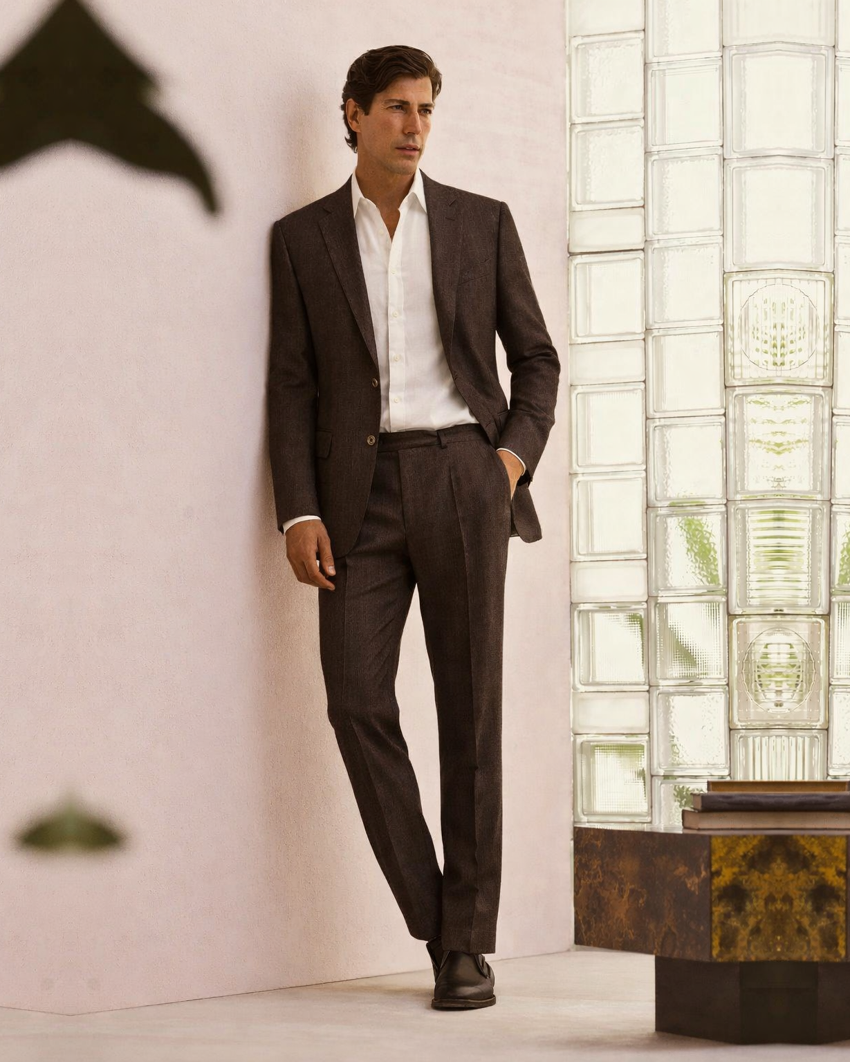 Man wearing the Loro Piana Chocolate Brown Wool Silk Two-Piece Summer Suit styled with a crisp white shirt and dark leather shoes, embodying refined summer suiting elegance.