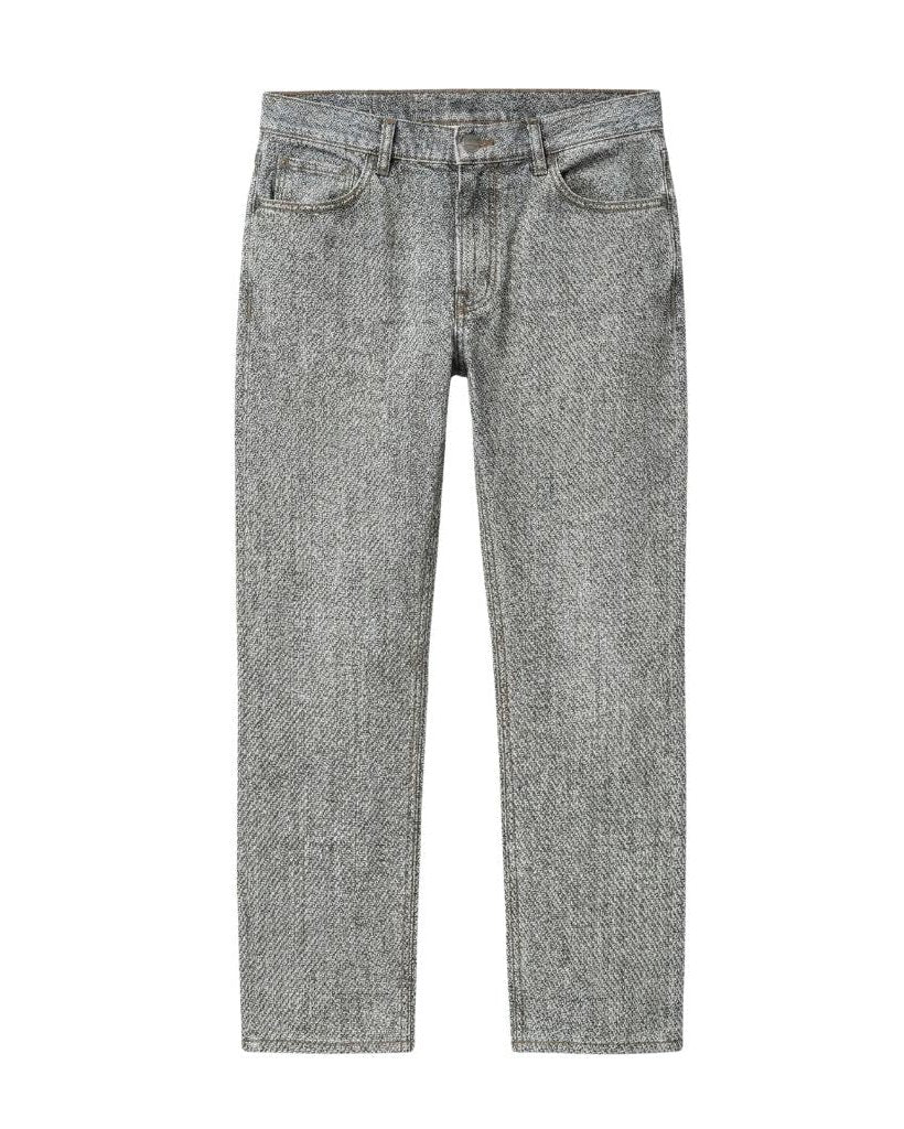 Front view of Loro Piana Grey Wool Cashmere Blend Jeans showcasing a tailored fit in a soft grey fabric with subtle texture and classic five-pocket styling.
