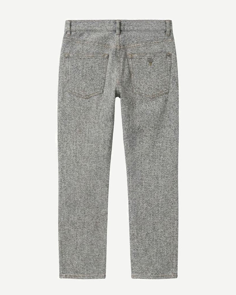Rear view of Loro Piana Grey Wool Cashmere Blend Jeans highlighting a soft grey textured fabric, classic five-pocket style, and a tailored straight-leg silhouette.