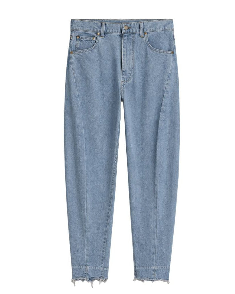 Loro Piana Light Wash Barrel Leg Wool Cashmere Blend Jeans in a soft light blue wash, featuring a relaxed barrel leg fit with a slightly frayed hem for casual elegance.