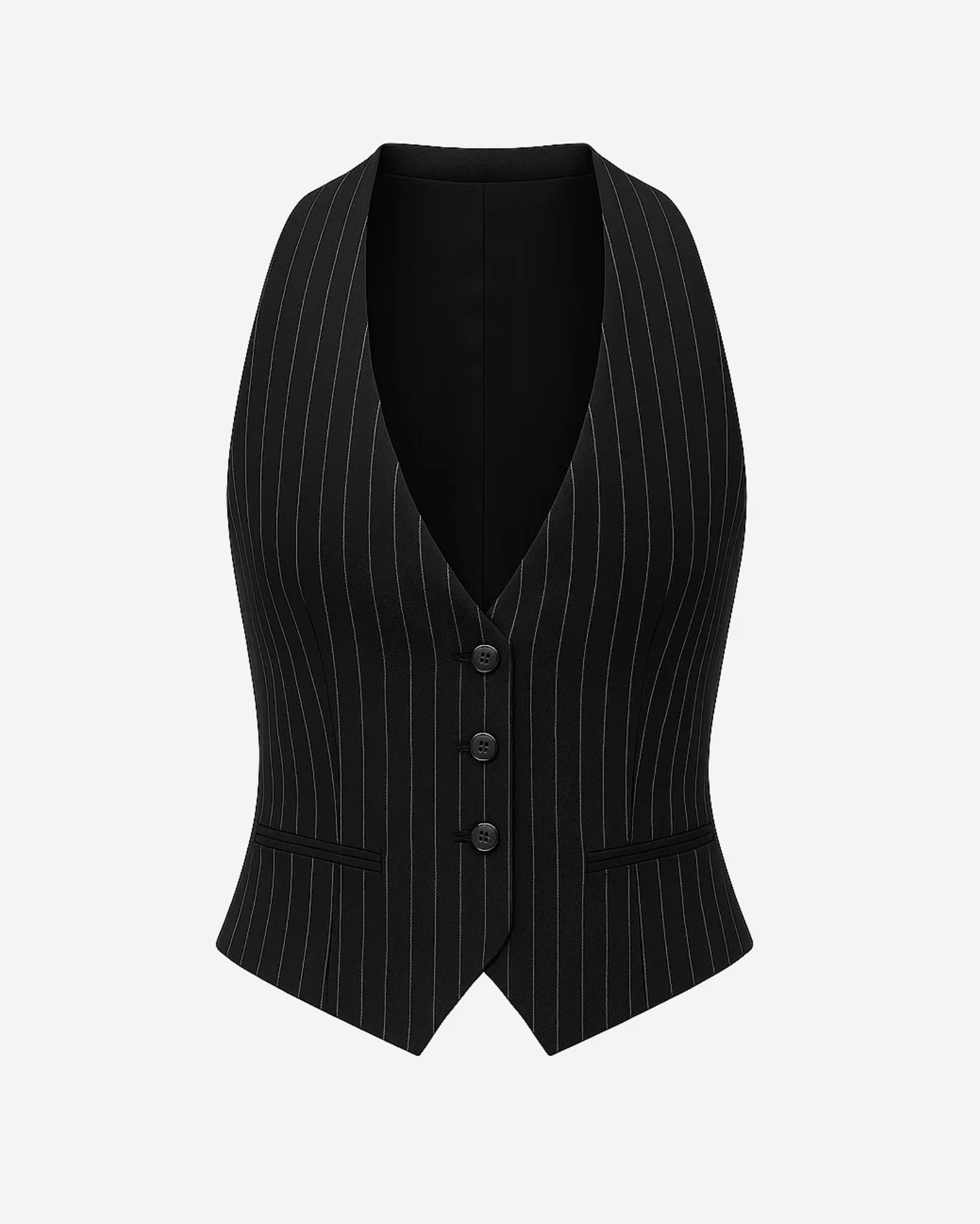 Tailory black white pinstripe low-cut fitted vest front view