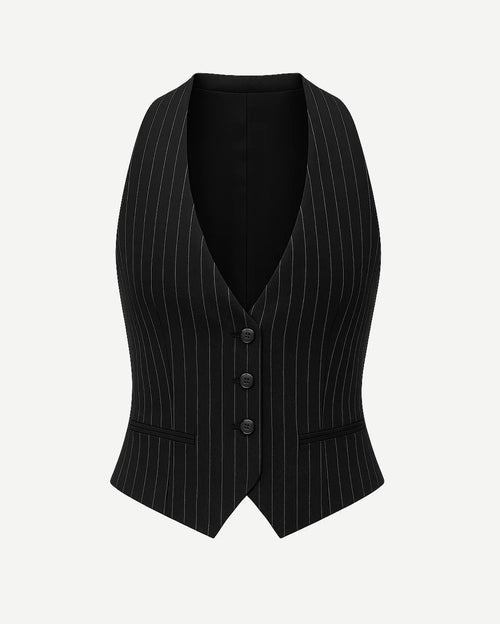 Tailory black white pinstripe low-cut fitted vest front view