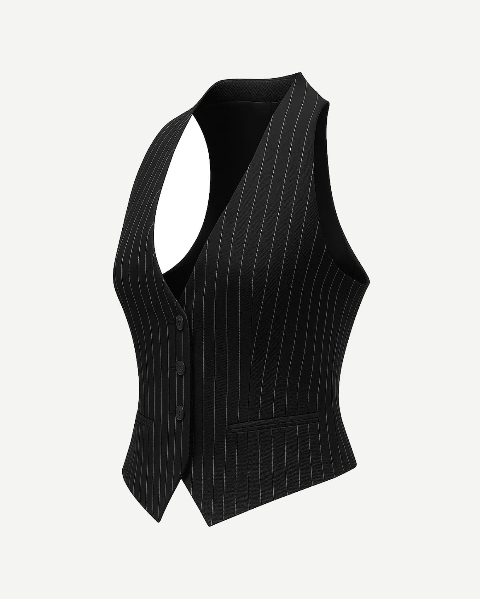 Tailory black white pinstripe fitted vest side view