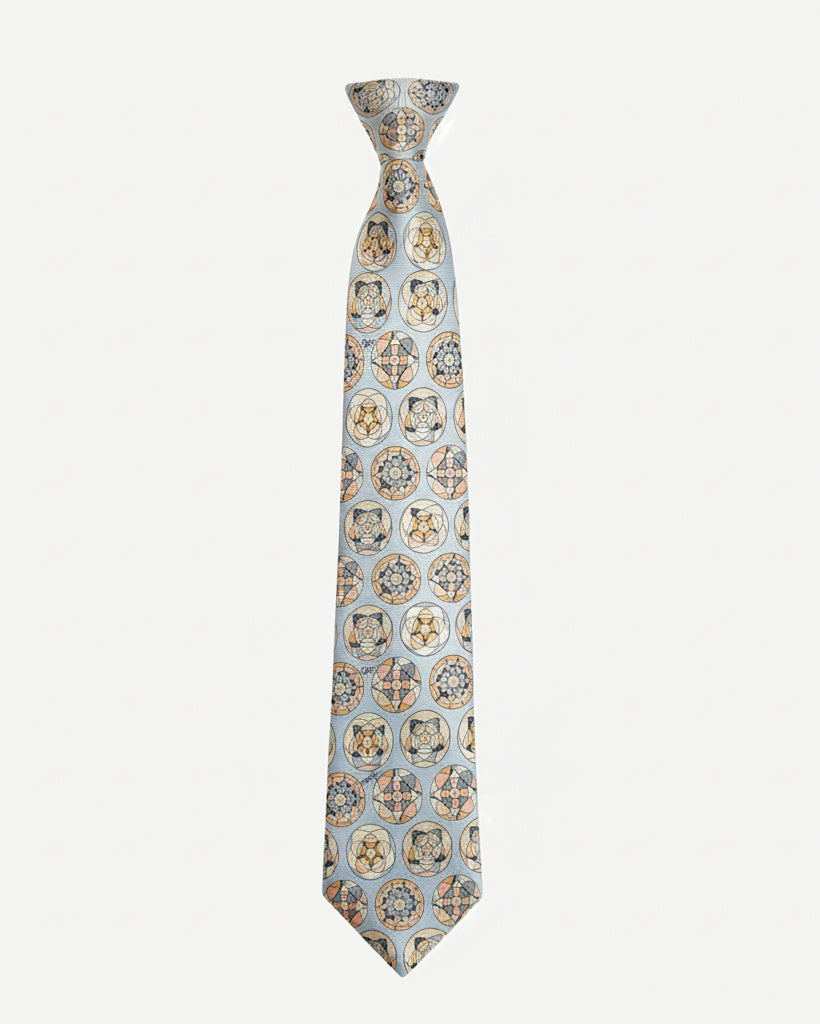 Medallion pattern silk tie with circular motif in blue, ivory, and yellow, front view