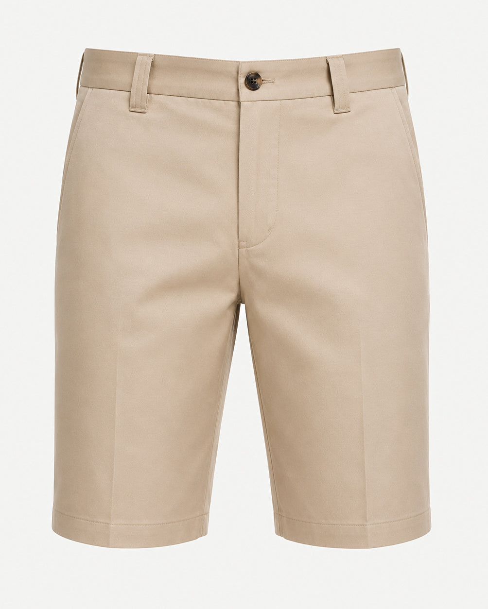 Men’s Loro Piana Tailored Bermuda Shorts in a classic beige tone, featuring a flat front design, belt loops, side pockets, and a button closure for polished summer tailoring.