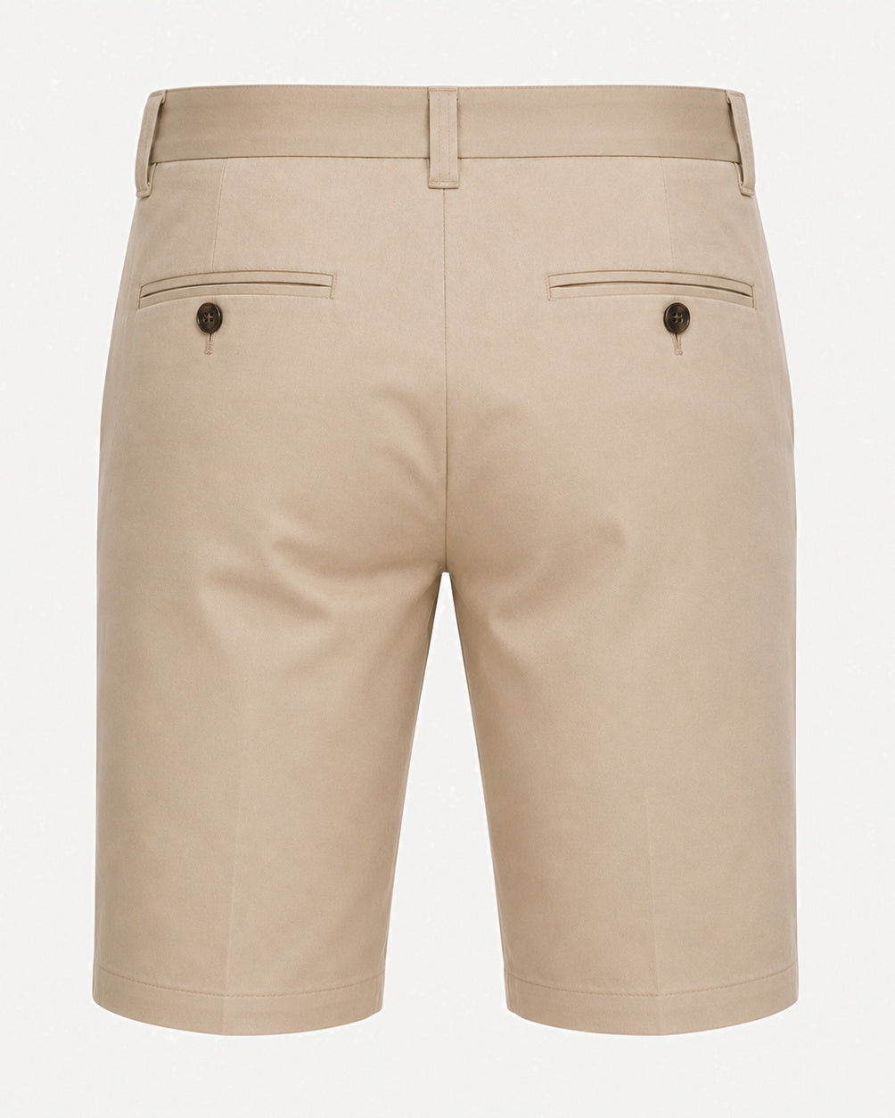 Men’s Loro Piana Tailored Bermuda Shorts in a refined beige fabric, featuring a streamlined back with buttoned welt pockets and belt loops for tailored summer leisurewear.