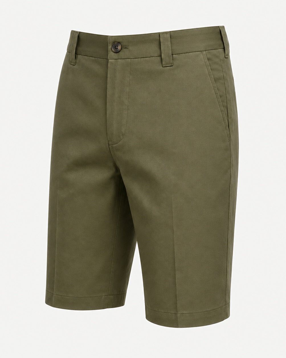 Men’s Loro Piana Tailored Bermuda Shorts in a muted olive tone, featuring a flat front, belt loops, side pockets, and a button closure for sophisticated summer leisurewear.