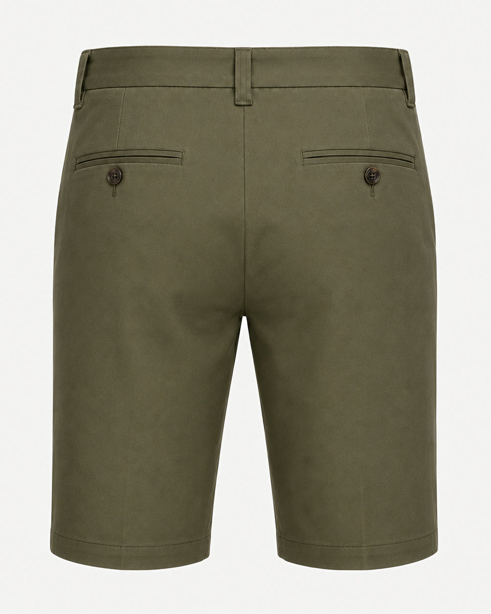 Men’s Loro Piana Tailored Bermuda Shorts in a rich olive green with a clean back design, featuring buttoned welt pockets and belt loops for refined summer leisurewear.