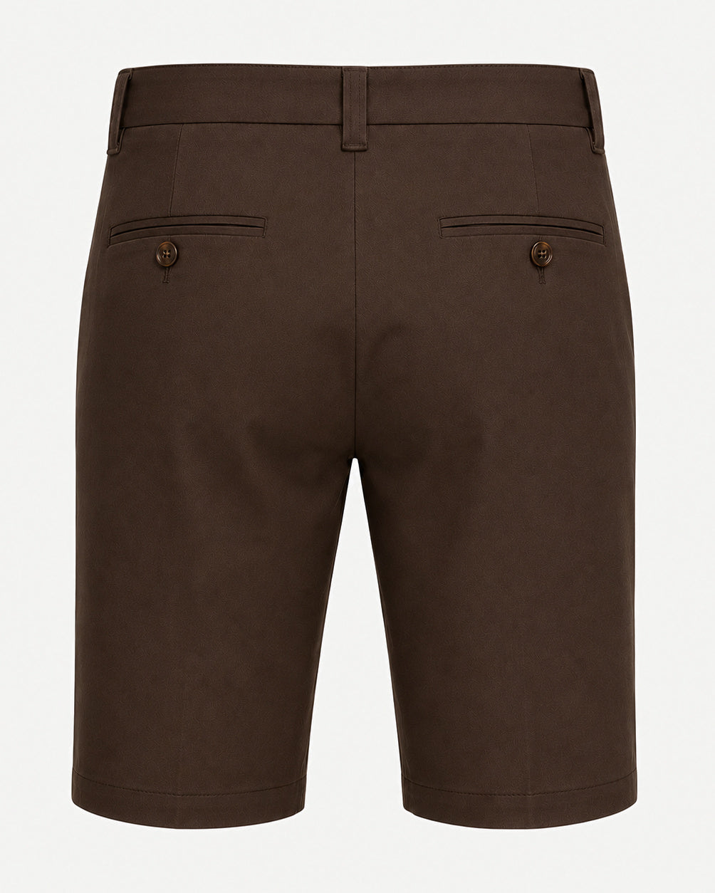 Men’s Loro Piana Tailored Bermuda Shorts in a rich chocolate brown, featuring a streamlined back with buttoned welt pockets and tailored belt loops for sophisticated summer leisurewear.