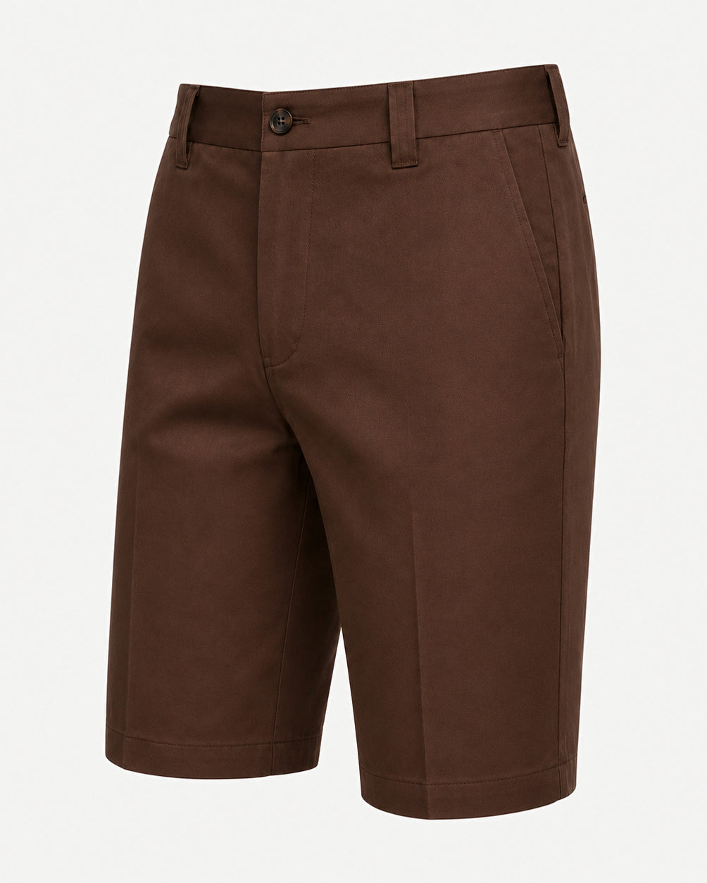 Men’s Loro Piana Tailored Bermuda Shorts in a rich chocolate brown with a structured flat front, belt loops, side pockets, and a button closure for elegant summer leisurewear.