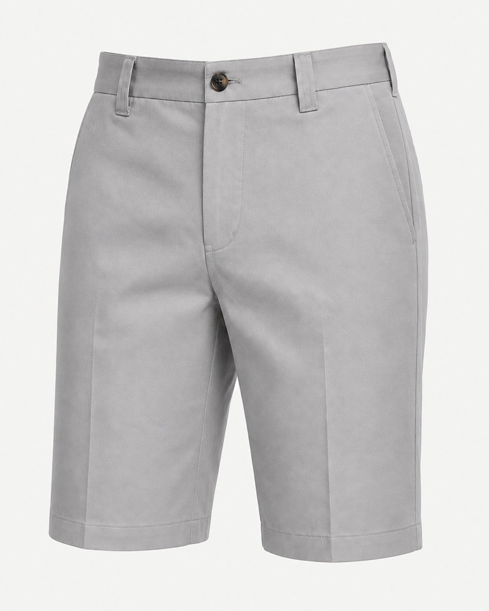 Men’s Loro Piana Tailored Bermuda Shorts in a soft light gray, featuring a flat front, side pockets, belt loops, and button closure for polished summer leisurewear.