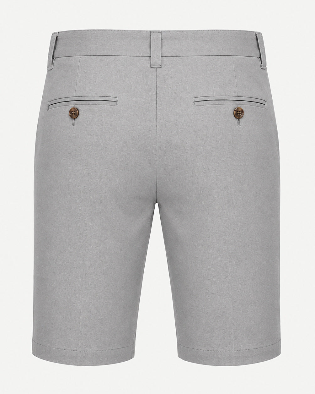 Men’s Loro Piana Tailored Bermuda Shorts in a sleek silver-gray, featuring buttoned welt back pockets, belt loops, and a smooth tailored finish for sophisticated summer leisurewear.