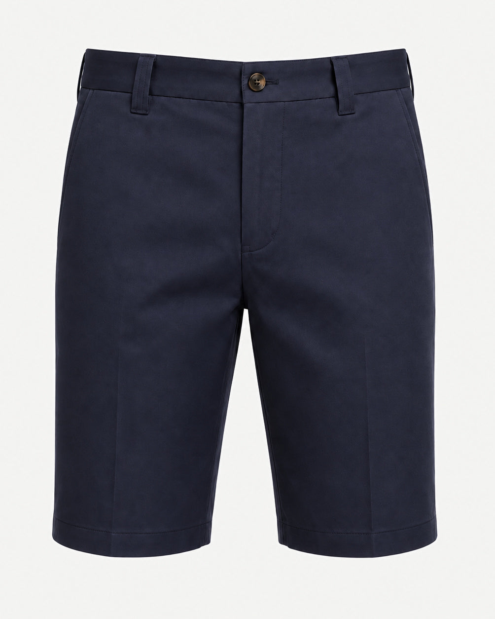 Men’s Loro Piana Tailored Bermuda Shorts in deep navy, featuring a clean flat front, belt loops, side pockets, and button closure for elegant summer leisurewear.