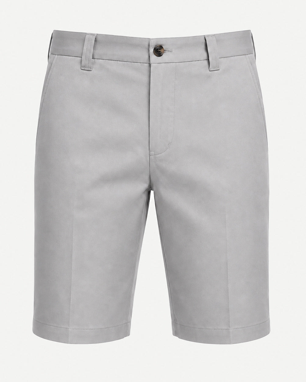 Men’s Loro Piana Tailored Bermuda Shorts in a light gray tone, featuring a flat front, belt loops, side pockets, and a button closure for sophisticated summer leisurewear.