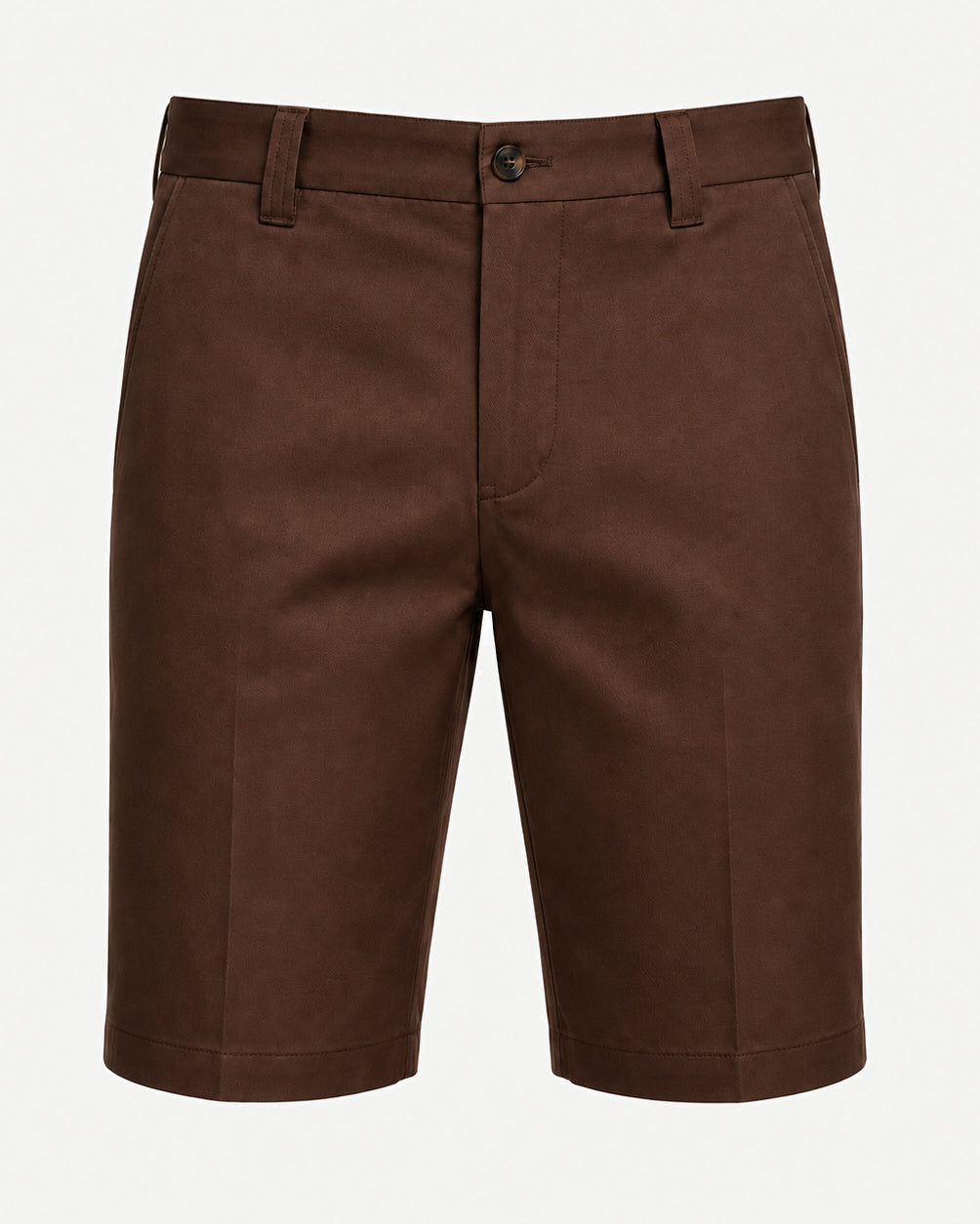 Men’s Loro Piana Tailored Bermuda Shorts in a rich chocolate brown, featuring a flat front, belt loops, side pockets, and a button closure for refined summer leisurewear.