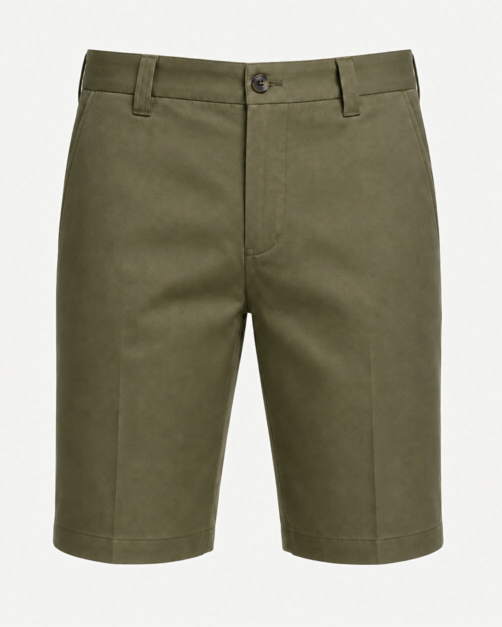 Men’s Loro Piana Tailored Bermuda Shorts in an elegant olive green shade, featuring a flat front, belt loops, side pockets, and a button closure for refined summer leisurewear.