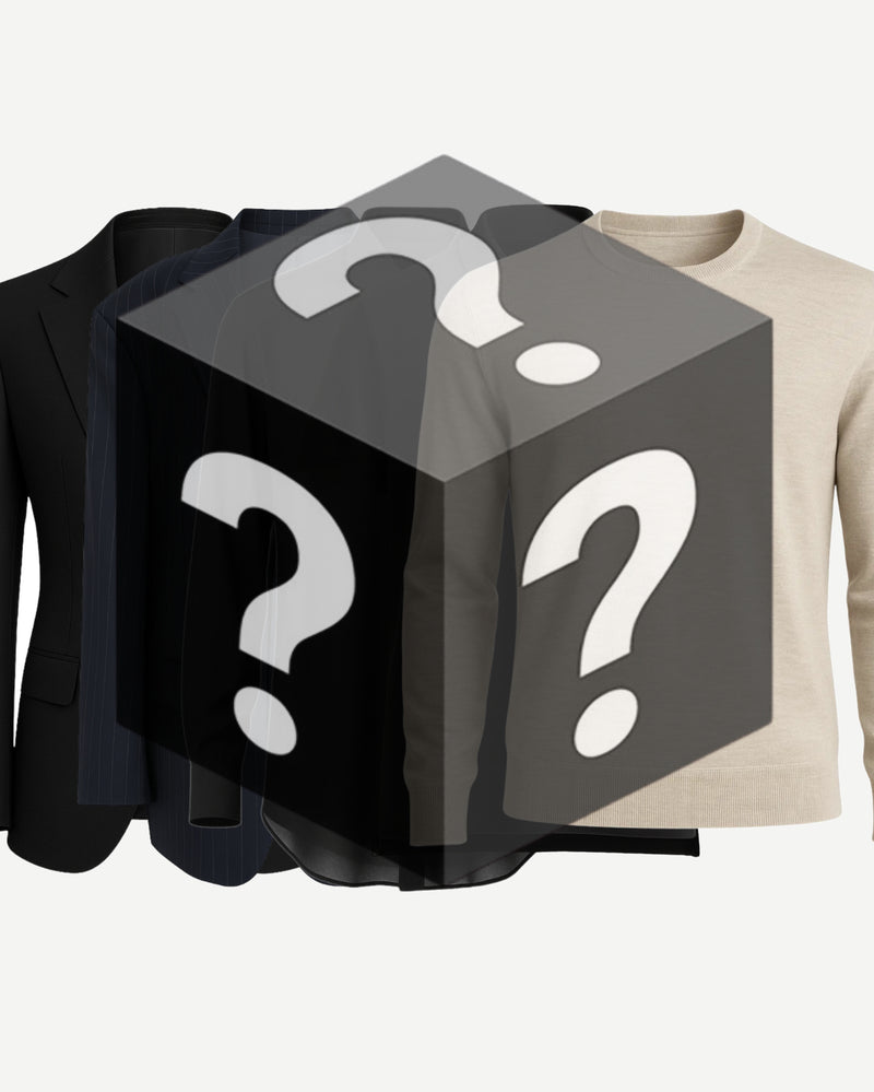 A digital composition featuring a beige sweater and dark tailored jackets overlaid with a translucent black box marked with large white question marks, representing the Men’s Mystery Sample Blind Box — Tops (Value up to $2,000).