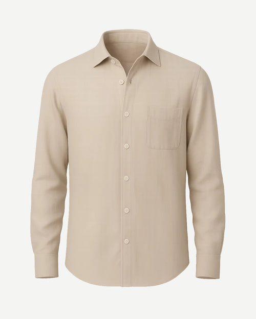 Men's Beige Unconstructed Casual Shirt featuring a relaxed fit with long sleeves, a classic collar, front button closure, and a single chest pocket in a soft, breathable fabric.