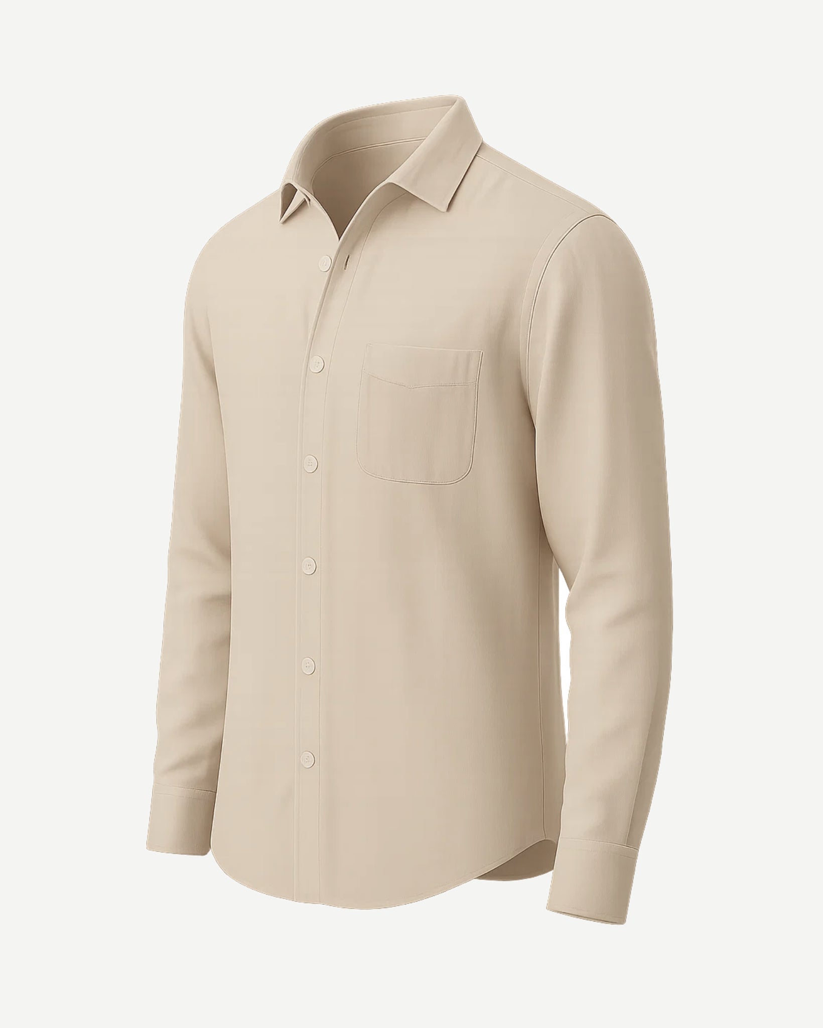 Men's Beige Unconstructed Casual Shirt with a relaxed silhouette, featuring a soft fabric, classic collar, front button placket, long sleeves, and a single chest pocket for versatile leisurewear.